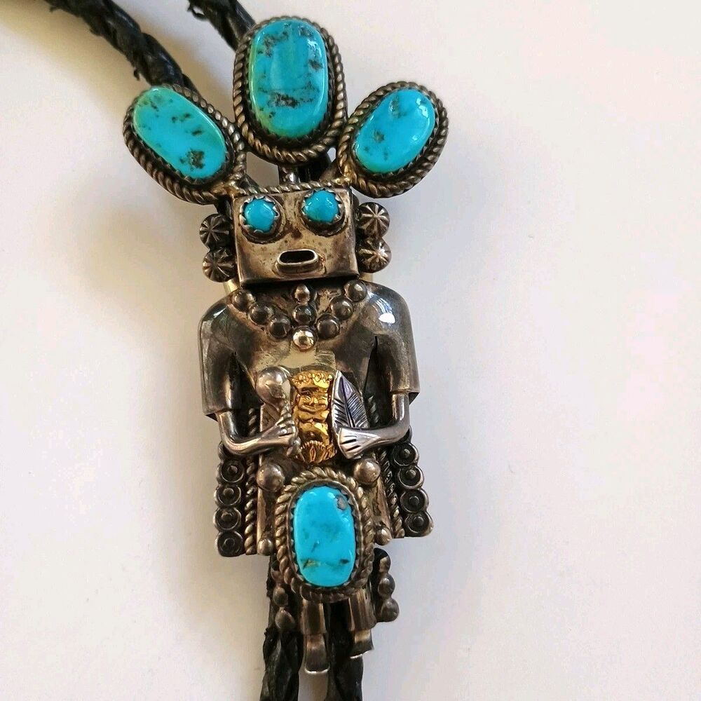John Larson Sterling Silver Large Kachina Turquoise Bolo Tie Tips Numbered